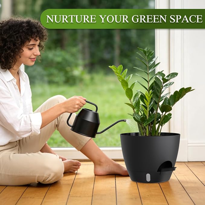 Self Watering Pots with Drainage Holes, 3 Pack 12/10/8 Inch Plant Pots with Water Level Indicator Deep Reservoir, Large Plastic Planter for Indoor Outdoor Plants - Black