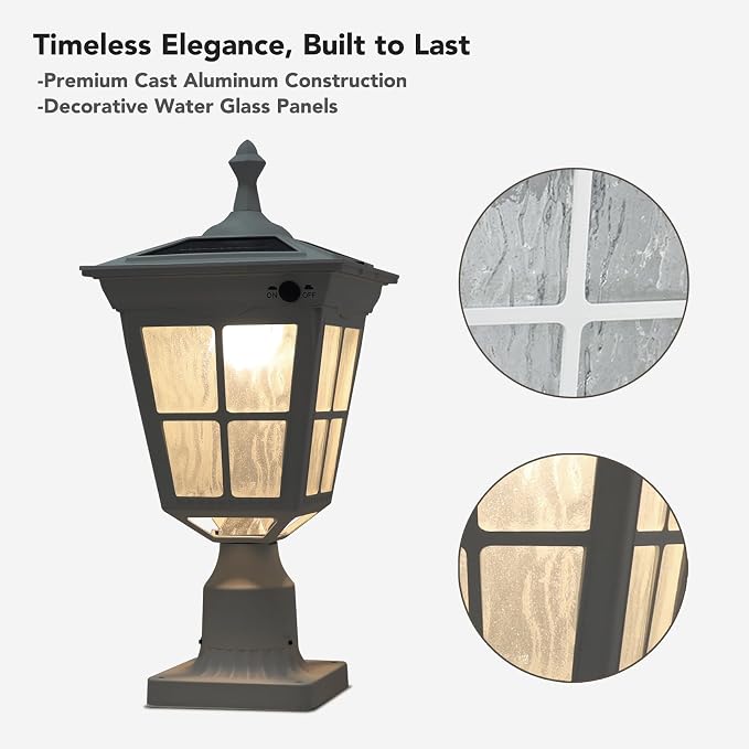 Cast Aluminum Solar Post Light Waterproof LED with Glass Outdoor Dusk to Dawn Pillar Lights ST4311AQ for Pier Mount Pillar Gates Garden Pole Column Yard Path Driveway (White, Lamp)