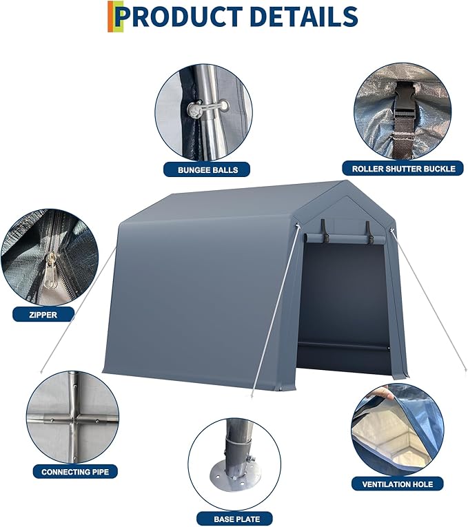 6x8FT Motorcycle Carport, Waterproof PE Fabric Garage Tent with Galvanized Steel Frame, Gray Portable Storage Shelter for Outdoor Use