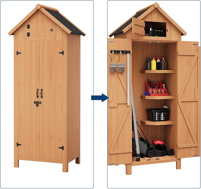 Outdoor Storage Shed, Small Waterproof Garden Tool Shed with 3 Shelves, Roof Storage & Lockable Doors, Compact Wood Storage Cabinet for Patios, Backyards, Balconies, Natural