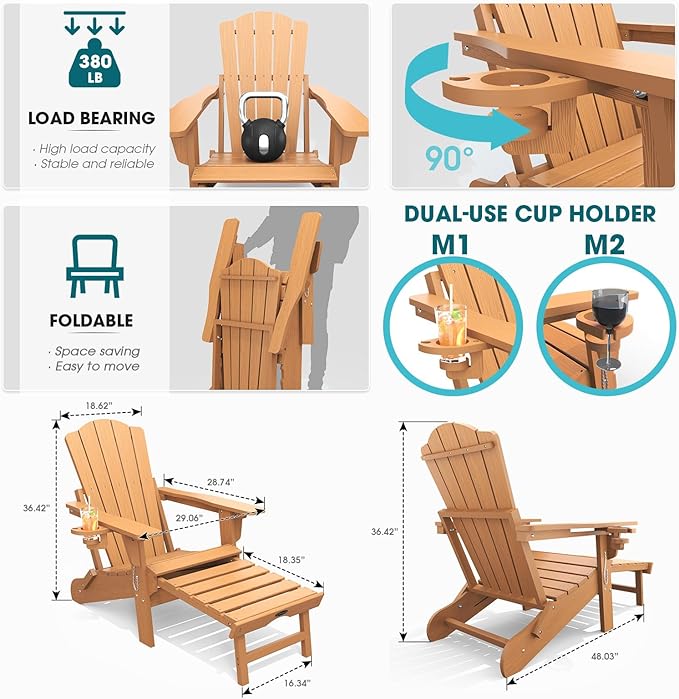 THOEOE Folding Adjustable Adirondack Chairs with Ottoman & 1 Cup Holders Set of 2, HDEP Multifunctional Adirondack Chair with Footrest,Wood