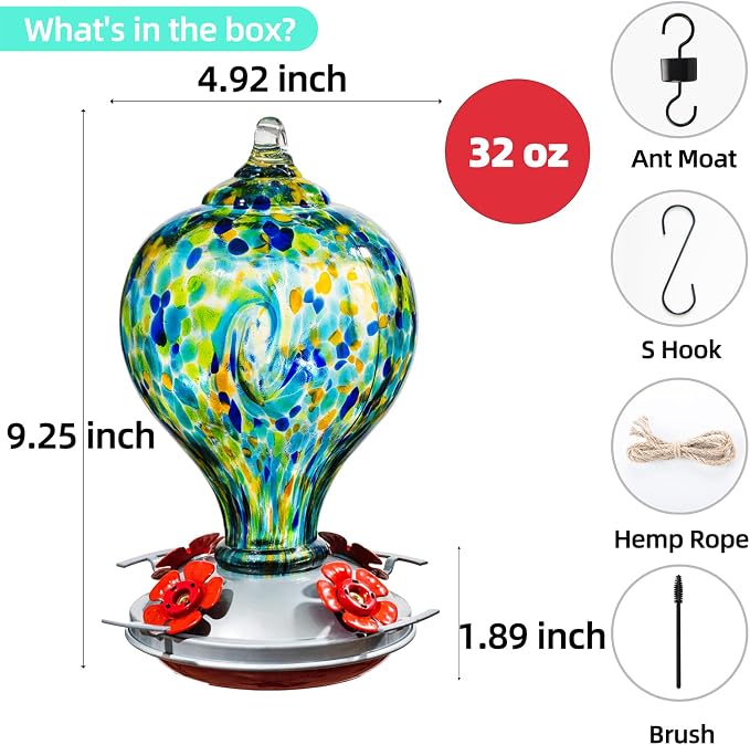 Hummingbird Feeders for Outdoors Hanging, 32OZ Hand Blown Glass Hummingbird Feeder for Outside, 4 Perch Ant Moat Leakproof, Garden Decor, Backyard Bird Gifts for Mom (Blue) | LaElvish Garden Hummingbird Feeders for Outdoors Hanging, 32OZ Hand Blown Gla...