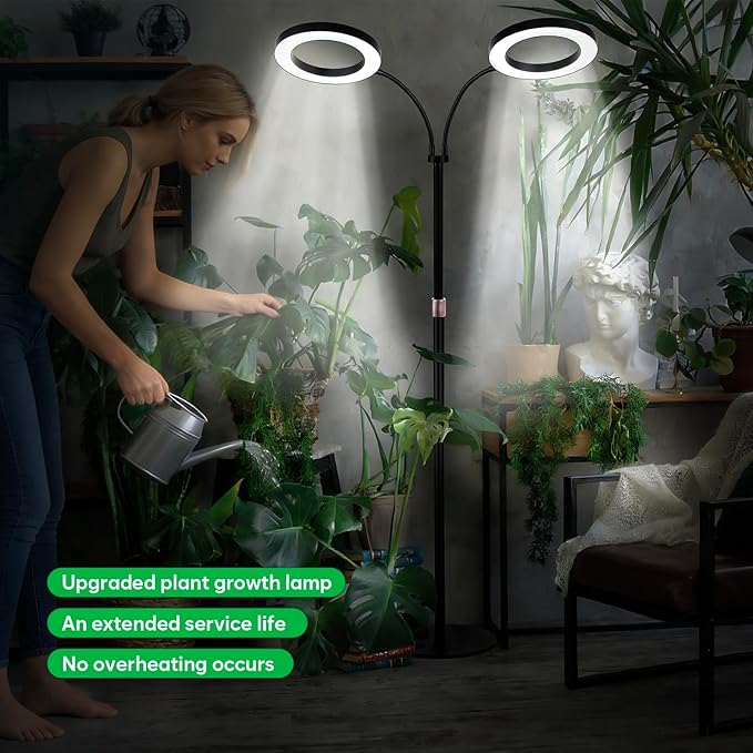 Dual Head Grow Lights for Indoor Plants - Full Spectrum 144 LED Growing Lamps with 3H/9H/12H Auto Timer, 3 Color Modes, 10 Brightness Levels, Height Adjustable 23-67" - Sun Light for Large Tall Plant