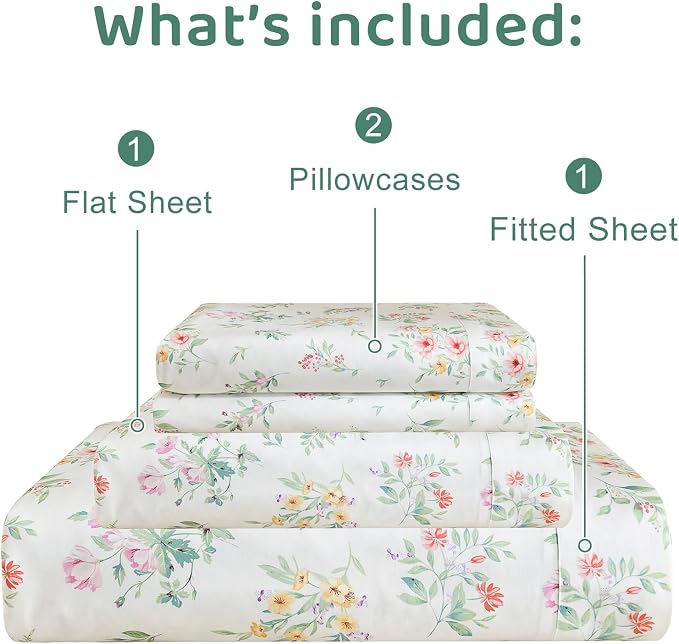 QSH Green Floral Sheets Queen Size,Yellow Flowers Botanical Pattern Printed Bedding Sheets 100% Egyptian Cotton Sheet Queen Size Set Extra Soft and Breathable 17.5" Deep Pockets Bed Sheet 4pcs