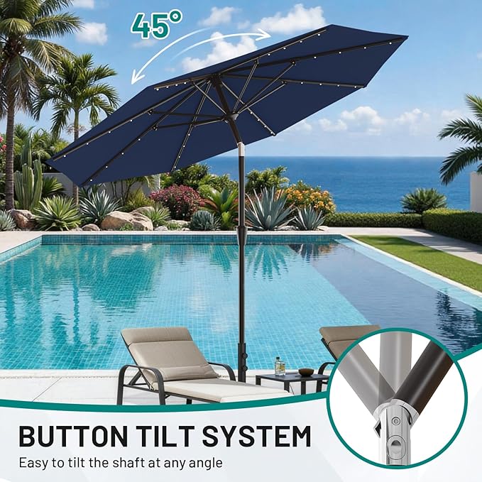 AreShark 9FT Patio Umbrella with Solar Lights, 32 Lighted Pool Umbrella w/Tilt and Crank, Outdoor Market Solar Umbrellas for Garden, Deck, Backyard, Pool and Beach, Navy