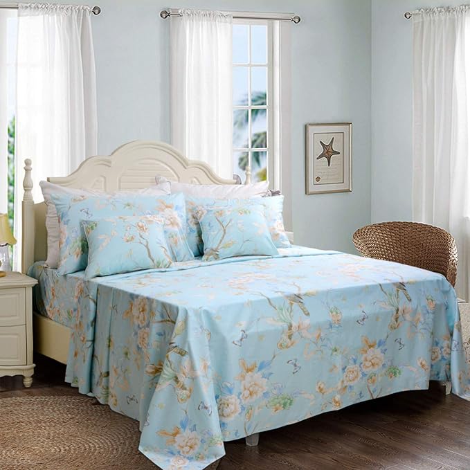 FADFAY Floral Bedding Shabby Blue Bird Print Bed Sheet Set Luxury Bedding Collections 800 Thread Count 100% Egyptian Cotton Deep Pocket, 4 Piece-Full Size