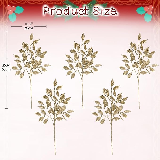 25.6" Christmas Glitter Leaves Stems, 5Pcs Artificial Champagne Leaf Spray Leaf Picks Tall for Christmas Tree DIY Xmas Wreath Garland Arrangment Vase Bouquets Table Centerpieces Decoration Home Decor