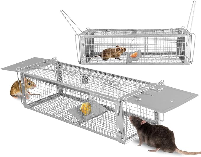 TeqHome 2-Door Humane Rat Cage Trap, Metal Live Animal Trap Cage, Small Humane Catch Release Rodent Cages, Upgraded Indoor & Outdoor Live Traps for Squirrels, Mouse, Rats, Mice - 16.6x6.1x4.33 Inches