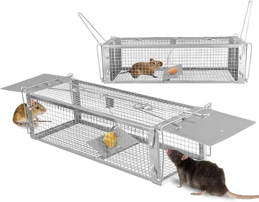 TeqHome 2-Door Humane Rat Cage Trap, Metal Live Animal Trap Cage, Small Humane Catch Release Rodent Cages, Upgraded Indoor & Outdoor Live Traps for Squirrels, Mouse, Rats, Mice - 16.6x6.1x4.33 Inches