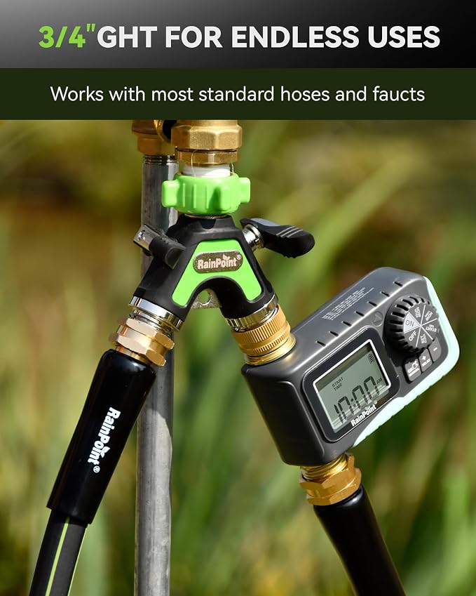 RAINPOINT Garden Hose Splitter 2 Way, All Metal Heavy Duty Water Hose Y Splitter With 2.05" Extra Long Side Handle & Shut Off Valves, 3/4 Inch GHT Thread Connector For Outdoor Spigot Faucet (Green,2)