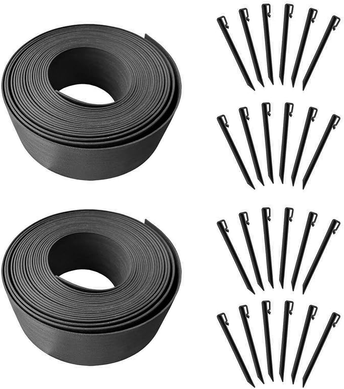 80FT Black Landscape Edging Coil Kit 4 Inch High,Terrace Board with 24pcs 10-inch Spikes