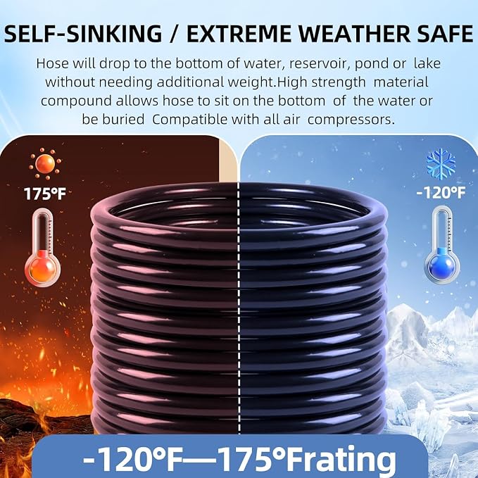 3/8 Inch Self Sinking Aeration Hose,100 Feet Weighted Pond Aerator Hose Kit 8 Stainless Steel Hose Clamps and 4 Menders (100FT)