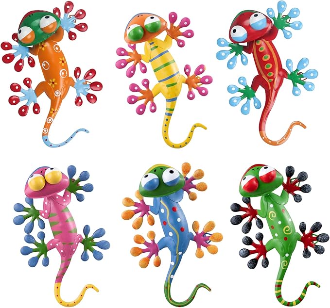 hogardeck Metal Gecko Outdoor Wall Decor, 6 Pack Lizard Wall Art Garden Sculptures & Statues with Free-Adjustable Head Outdoor Spring Decor for Front Yard Fence Patio