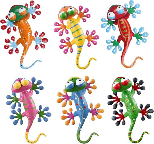 hogardeck Metal Gecko Outdoor Wall Decor, 6 Pack Lizard Wall Art Garden Sculptures & Statues with Free-Adjustable Head Outdoor Spring Decor for Front Yard Fence Patio
