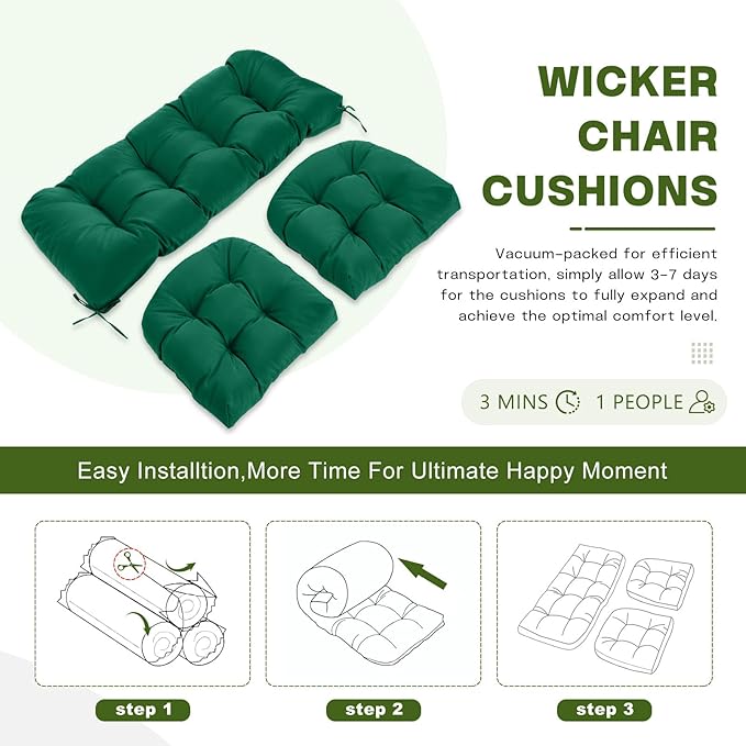 Wicker Chair Cushions Set, 2 U-Shaped Cushions & 1 Loveseat, Waterproof Outdoor Loveseat Cushion for Patio Furniture, Settee Bench Pad All Weather,Green