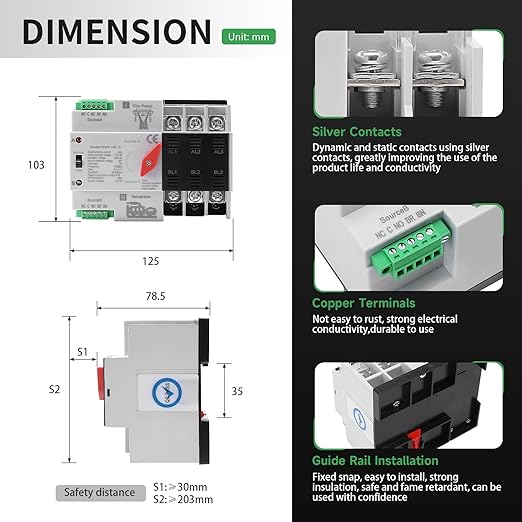 63Amp AC220V Automatic/Manual Transfer Switch 3P 50/60Hz, 3POLE 63A Mini ATS Solar Auto Dual Power Switch W2R for Home Generator, Din Rail Mount Cn Automatic Changeover Fast Transfe for,Rv,Lv Power
