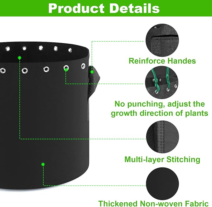 10 Gallon Plant Grow Bags 5-Packs with Holes,Thichkened Non-Woven Aeration Fabric Pots with Handles - Reinforced Weight Capacity