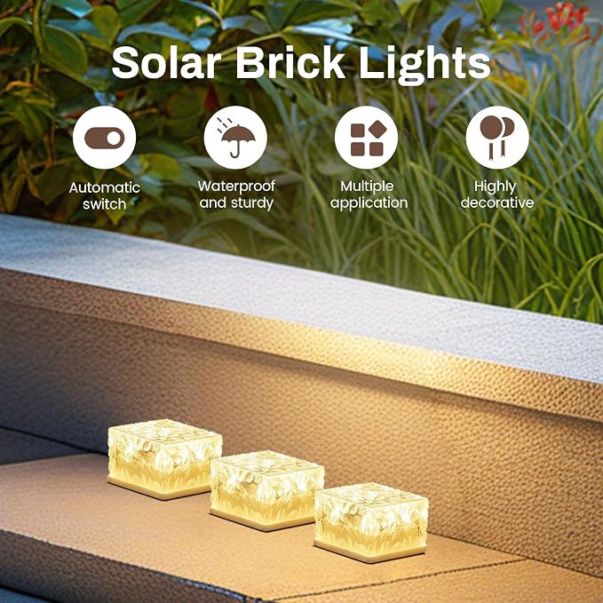 Wokyo 4 Packs Solar Brick Lights Outdoor Waterproof Landscape Path Light LED Rock Lights for Patio, Yard, Walkway, Pathway Decor 2.8x2.8 inch (Small - Warm White)