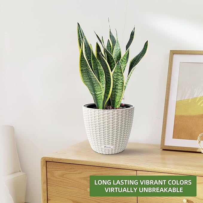 Dexceder 11x10 Self Watering Planter (Ivory White Rattan) | Inner Pot Design, Thickened Table Flower Plant Pot with Water Level Indicator Indoor Outdoor