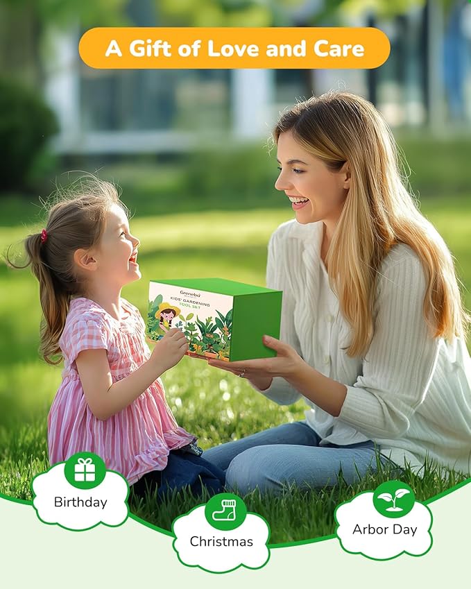 Grenebo Kids Gardening Set Toys,Includes Metal Trowel,Transplanting Shovel,Garden hat,Rake,Apron,Gloves,Watering Can,and Tool Organizer Bag (Lake Green)