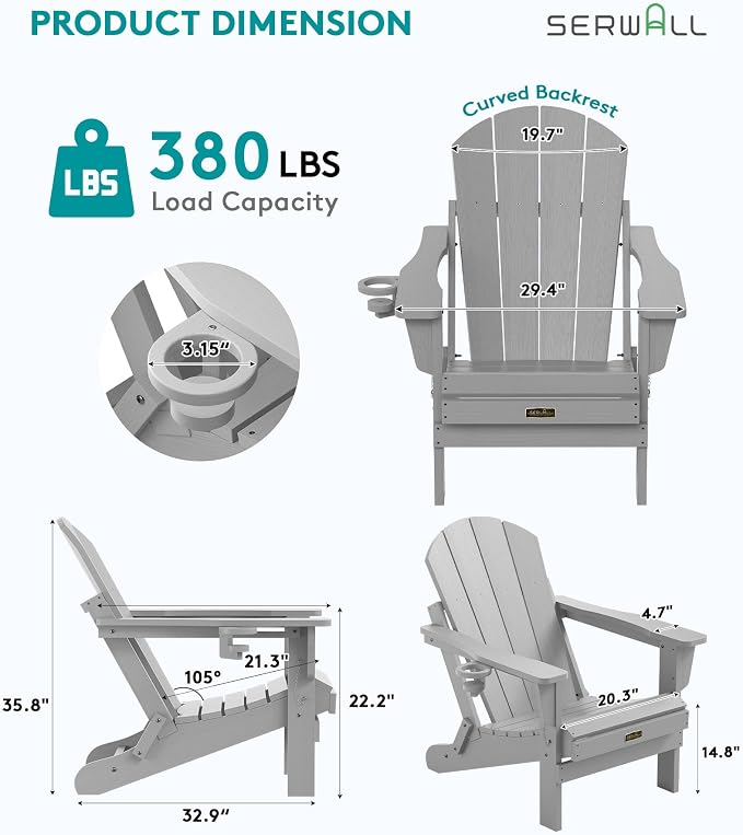 SERWALL Folding Adirondack Chair with Cup Holder for Patio Garden Outdoors Fire Pit- Spanish Gray