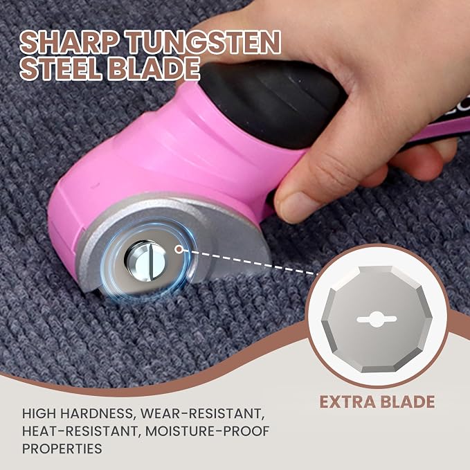 VLOXO Cordless Electric Scissors, Rechargeable Rotary Cutter for Cardboard Leather Fabric Plastic Canvas with Safety Lock, Multi-Purpose Cutting Tool with Replacement Blades and Charger (Pink)