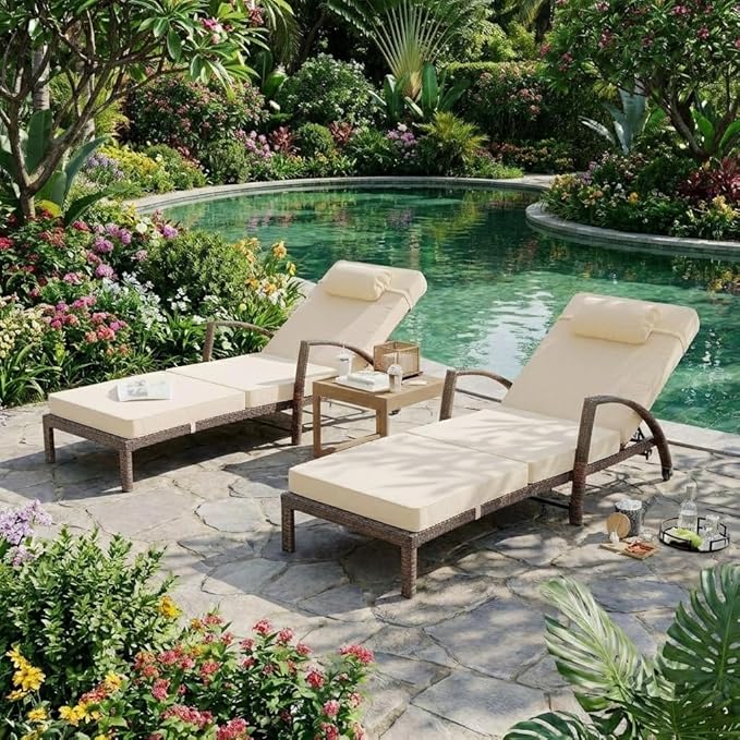 Garvee Outdoor Chaise Lounge Set of 2, 5-Position Adjustable PE Wicker Reclining Chairs with Wheels & 3.5" Cushions, 400 lbs Capacity All-Weather Patio Furniture for Poolside, Garden, Beach(Beige)