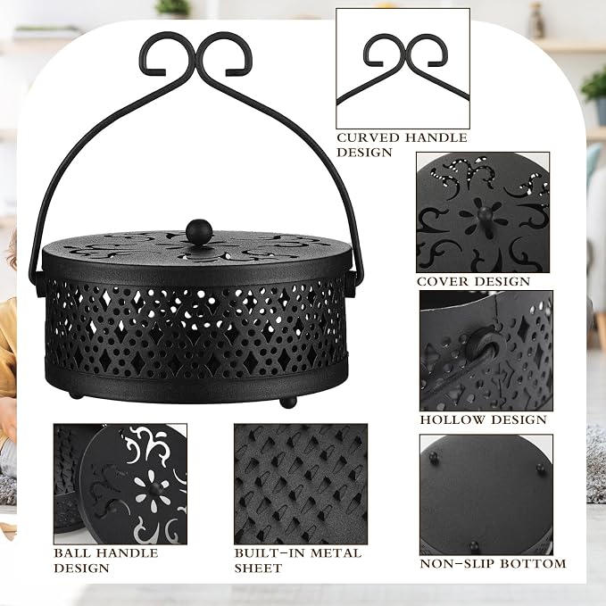 Lallisa Incense Coil Holder Sets, Round Metal Hanging Incense Burner with Handle and Lid, Portable Coil Burner Stand Container for Patio Camping Garden Home Indoor Outdoor Decor(Black,2 Pcs)