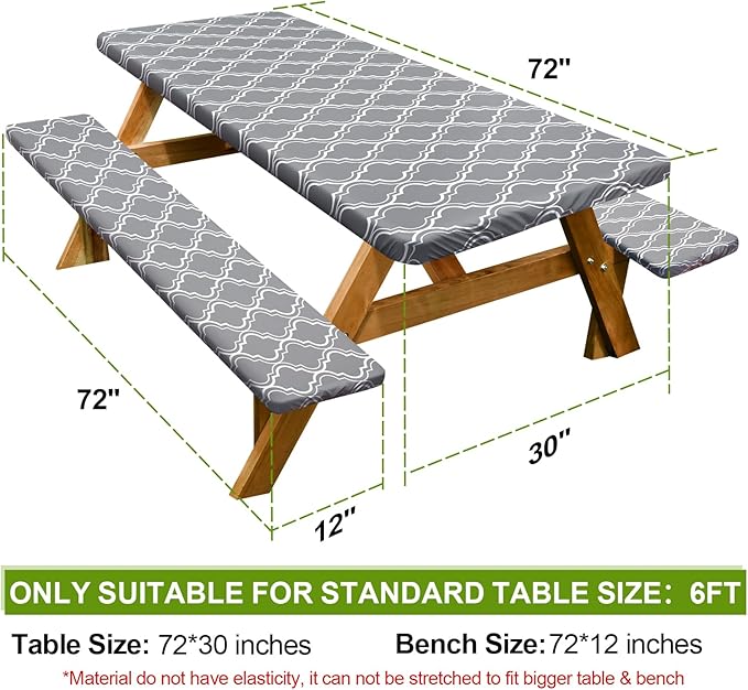 Play Tailor Picnic Table Cover with Bench Covers Camping Essentials Waterproof Windproof Camping Tablecloth with Drawstring Bag, Fitted Rectangle Tables and Seats, 72in, Grey