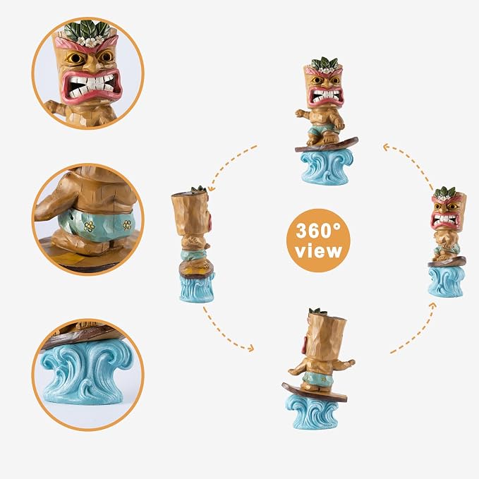 Solar Tiki Statue Outdoor Decor-Tiki Bar Decor-Garden Tiki Surfing Statues Waterproof Decoration Figurine for Tiki Bar,Patio,Balcony,Yard,Lawn,Table,Desk 9.92 Inches Tall