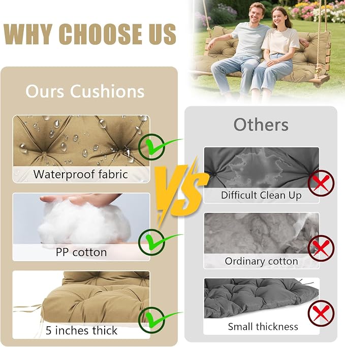 Porch Swing Cushions Outdoor, 5 Inch Thick Waterproof 2-3 Seater Replacement Swing Cushion with Backrest and Anti-Slip Ties, Perfect for Porch, Patio, Garden, Outdoor Bench Furniture, 40×40×5 Inch