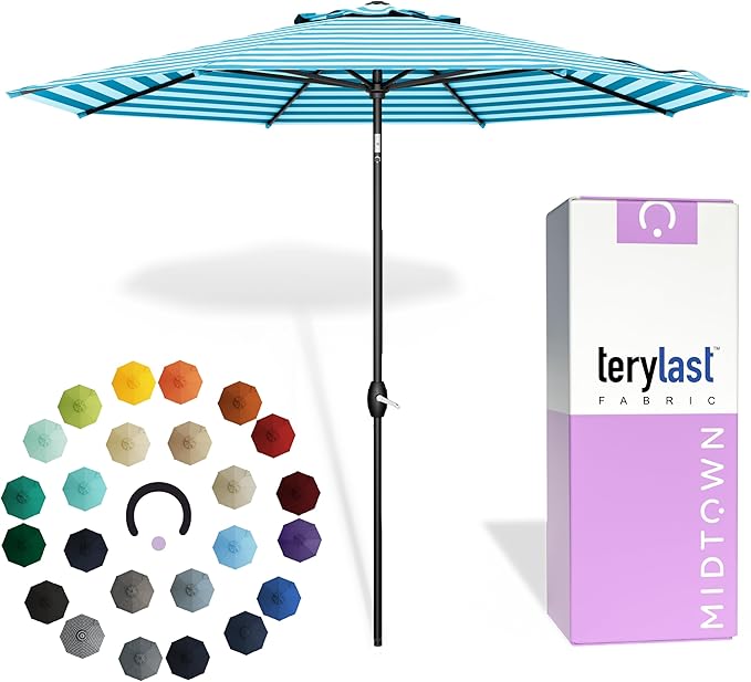 Midtown Umbrellas - 10-Year-No-Fade 10 Ft Patio Umbrella with Terylast Fabric, Auto-Tilt Aluminum Frame and 8 Reinforced Ribs for Deck, Pool, Garden & Beach - Blue/White Stripes Canopy, Black Pole