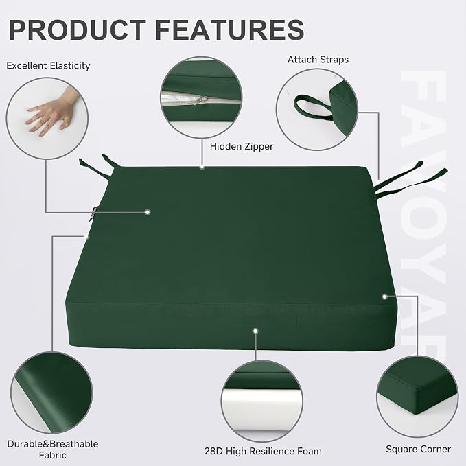 Favoyard Patio Chair Cushions 18 x 18 x 3 Inch Waterproof Outdoor Seat Cushions for Patio Furniture 3-Year Color Fastness Garden Sofa Couch Chair Pads with Handle & Adjustable Straps Set of 2, Green