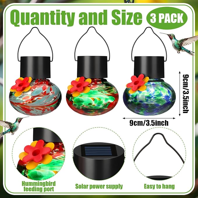 Nuogo 3 Pcs 3.54 Inch Blown Glass Hummingbird Feeders Solar Powered Hummingbird Feeder with LED Light for Garden Outdoors Window Decor Valentine Hanging Gifts Ant and Bee Resistant(Stylish Colors)