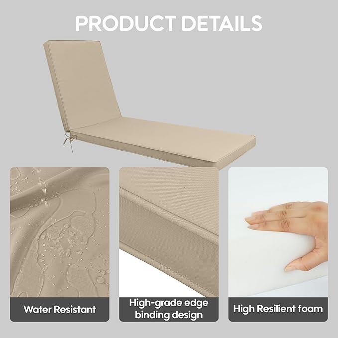Only choice Outdoor Lounge Chair Cushions Patio Chaise Lounge Replacement Cushions Funiture Seat Cushions Chair Pads (Dark Beige-1 pcs)