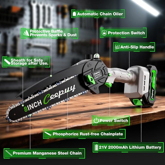 CEEPUY Mini Chainsaw Cordless, 8/6 Inch Portable Electric Chainsaw with Automatic Oiler/Security Lock/Battery Powered Small Handheld Saw for Trees Branches Trimming,Wood Cutting