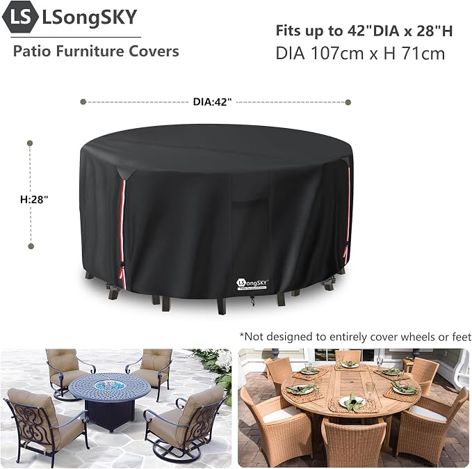 42 inch Round Patio Table Cover,600D Heavy Duty Outdoor Furniture Covers Waterproof,Round Patio Table for Patio Furniture Covers,42" Dia x 28" H Black