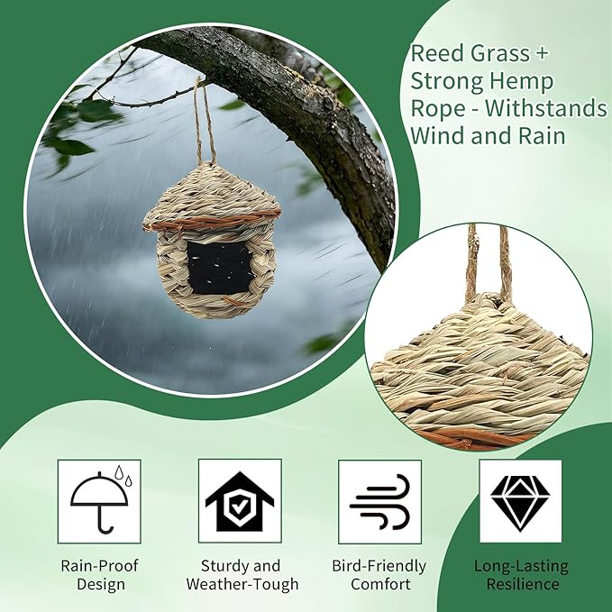 Gute Hummingbird House, Grass Hand Woven Birdhouses for Outdoors Hanging, Natural Bird Hut for Outside, Bird Houses for Audubon Finch Canary Chickadee - Set of 2