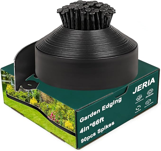 JERIA 4 Inch Tall 66 FT Garden Edging Kit with 90pcs Spikes, Plastic Edging for Landscaping