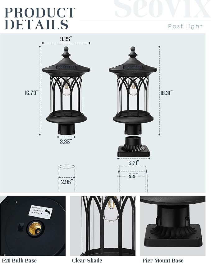 2 Pack Solar Post Lights Outdoor Waterproof Dusk to Dawn E26 IP44 | 2 pack dusk-to-dawn solar post lights with E26 base, IP44 waterproof PC shell, 2600mAh battery for pathway, driveway, lawn