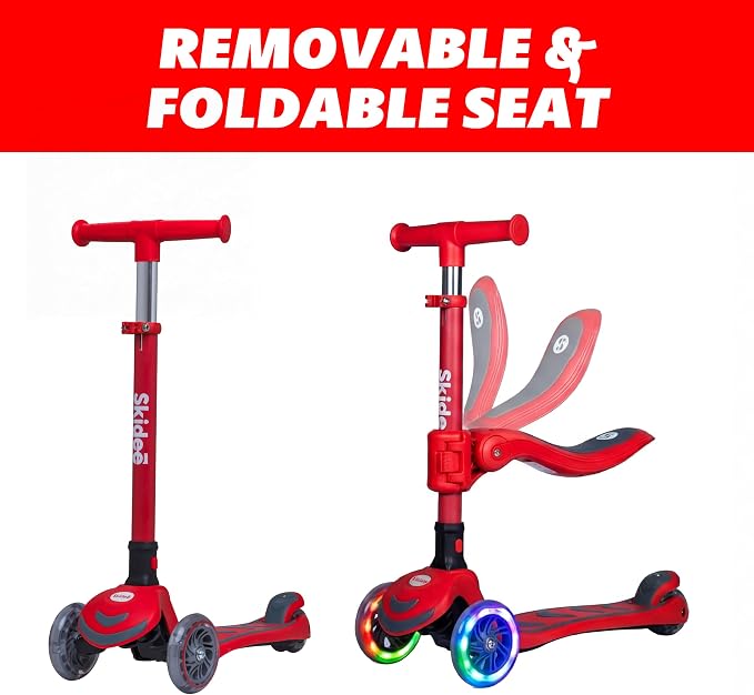 SKIDEE Kick Scooter for Kids Ages 3-5 | Foldable 3 Wheel Scooter with Lean-to-Steer, Adjustable Height, Removable Seat & LED Light Wheels | Toddler Scooter Up to 12 Year Old Boys/Girls
