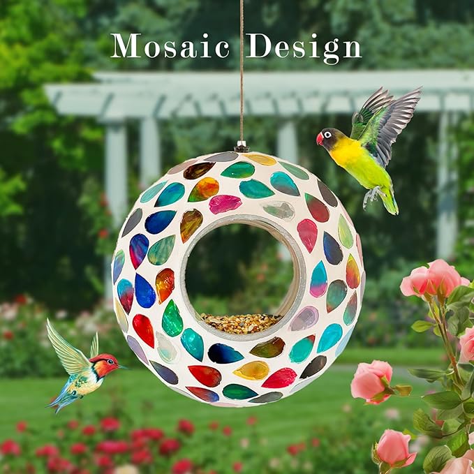 Hanging Bird Feeders for Outdoor Glass Mosaic Fly Through Wild Bird Feeder Round Shape Birdfeeder for Outside Garden Yard Patio Decoration White