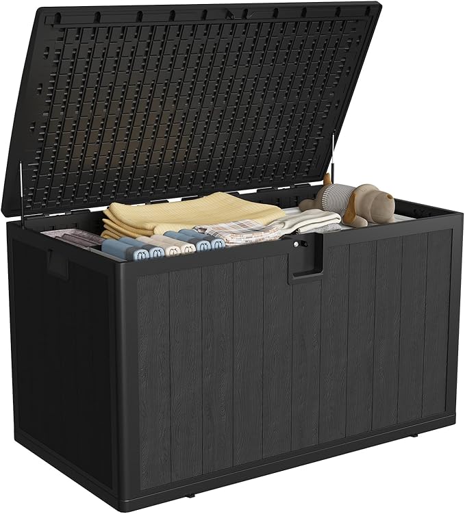 130 Gal Resin Deck Box, Waterproof Lockable Outdoor Storage Box, Versatile Outside Container for Package Parcels, Patio Furniture Cushions, Garden Tools & Pool Accessories