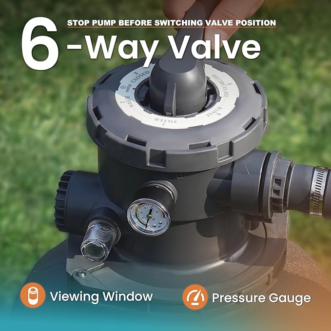 Sand Filter Pump for Above Ground Pool, Pool Pumps Above Ground with Timer, Pool Sand Filter with 6-Way Valve, Efficient Filtration, 13in, Up to 13,000 Gallons