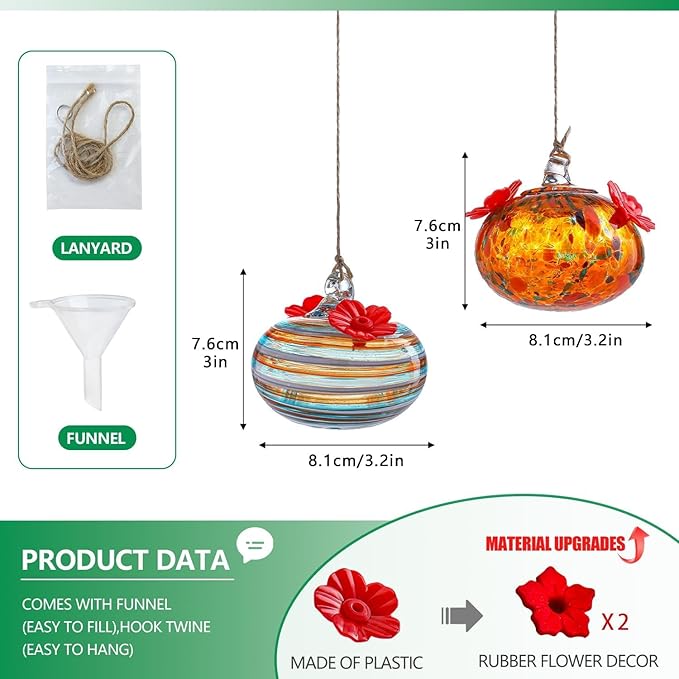 2pcs Blown Glass Hummingbird Feeders for Outdoors 3.2in Hanging Glass Humming Bird Feeders for Window Patio Decor with 2 Flower Feeding Ports