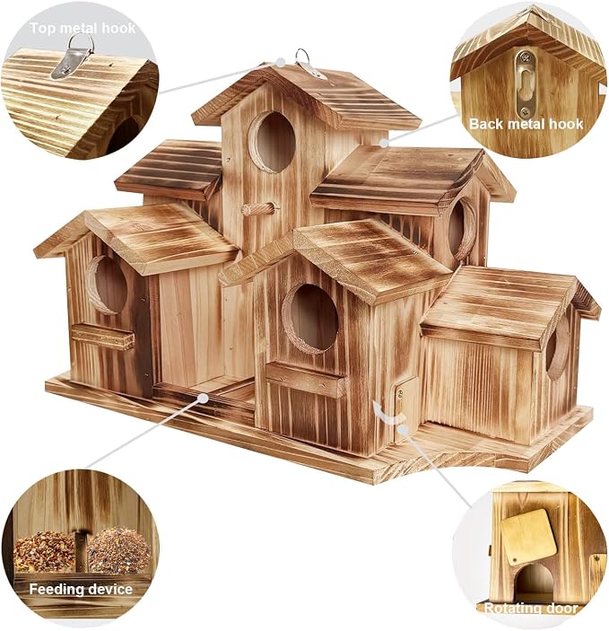 Wooden Bird House for Outside, 7-Compartment Large Birdhouse Castle with Perches, Weatherproof Burnt Wood Hanging Bird Nest for Garden Patio, Decorative Bird Shelter for Bluebird, Finch, Sparrow