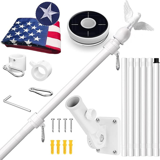 LETSTRY 7FT White Flag Pole Kit for Outside House with American Flag & Solar Light,1" Thickened Stainless Steel Wall Mount Flagpole with 180°Adjustable Bracket for Residential Outdoor Porch