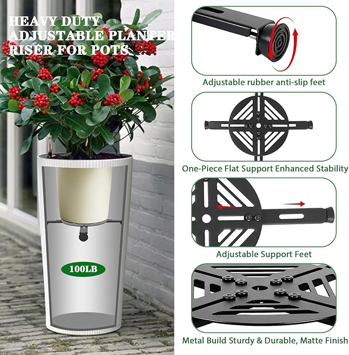 Adjustable Plant Risers for Inside Pots-100lb Heavy Duty Metal Plant Riser with Rubber Feet, Easy Assembly, Fits Round/Square/Tapered Pots, Indoor Outdoor Use (Adjustable Size Range:10-14"- 2Pack)