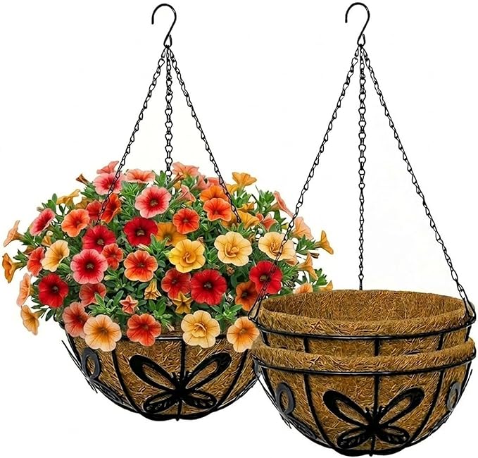 10 Inch Hanging Baskets for Plants Outdoor, 3 Pack Metal Wire Hanging Planters with Coco Coir Liners, Rust-Resistant Flower Basket with Chains & Hooks for Garden Patio Porch Deck Balcony