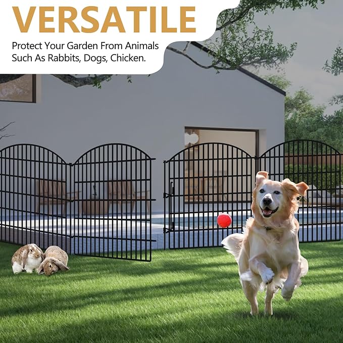 10 Panels Garden Fence Animal Barrier with Lock, 33in (H) x 24ft (L) Dog Fences Outdoor for Yard No Dig Rustproof Decorative Tall Metal Panel Border Rabbits Temporary Ground Stakes Fencing